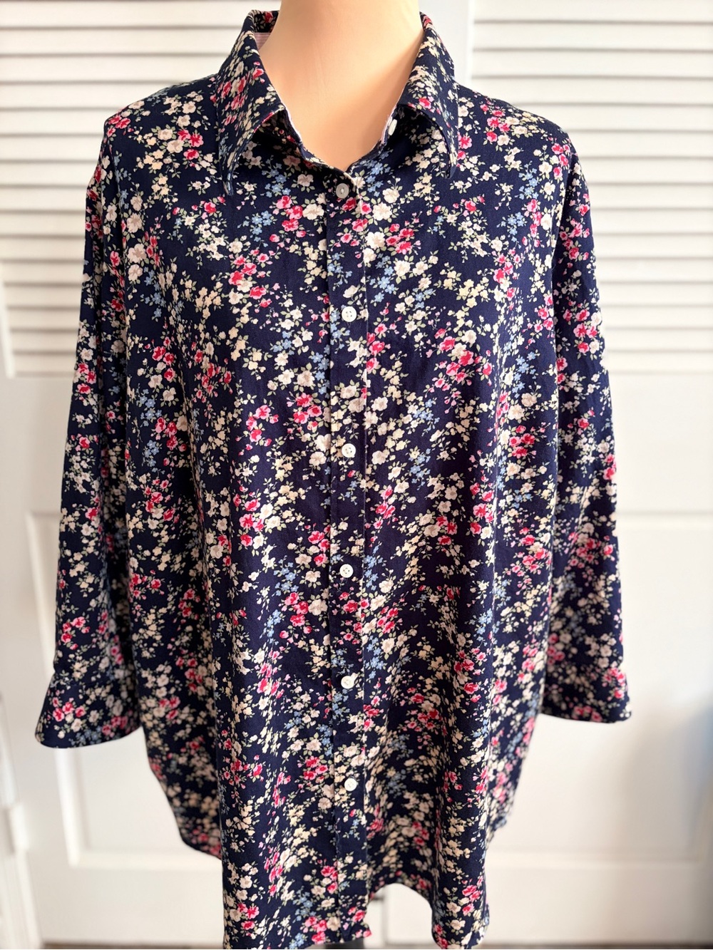 Chaps No Iron 2X Floral Button Top Women’s Shirt Blue 3/4 sleeve